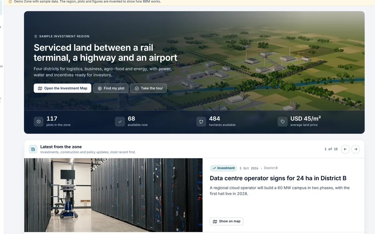 The Demo Zone home page: an aerial view of the sample region with its key figures and the latest news