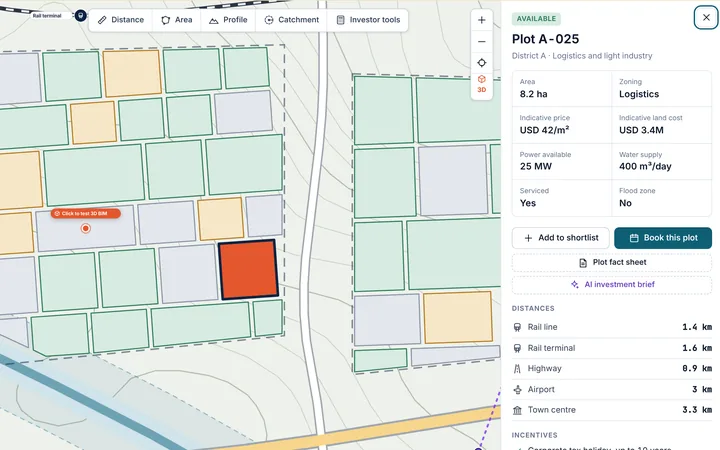 A plot card in the Demo Zone: area, zoning, price, power, water, distances and incentives