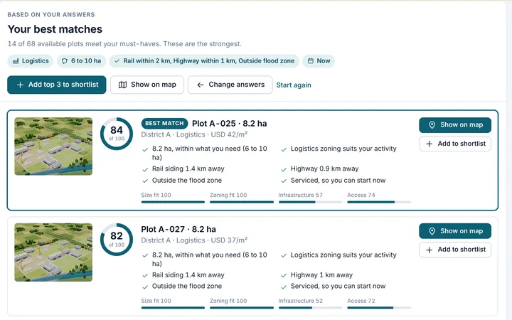Site Selection results in the Demo Zone, ranked with a reason for each answer